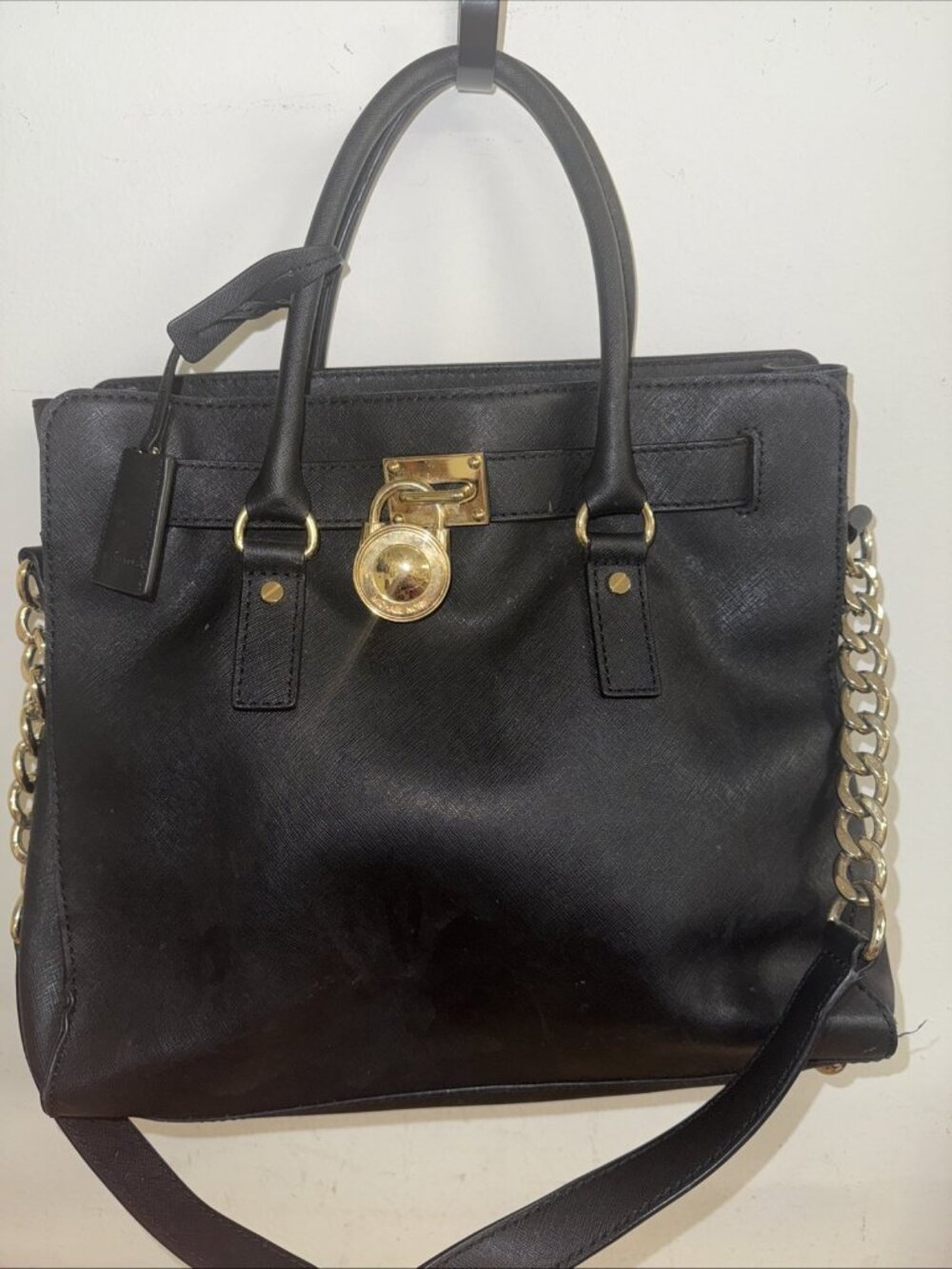 Michael Kors Shoulder Bag Black Leather Hamilton Padlock Chain Crossbody Large